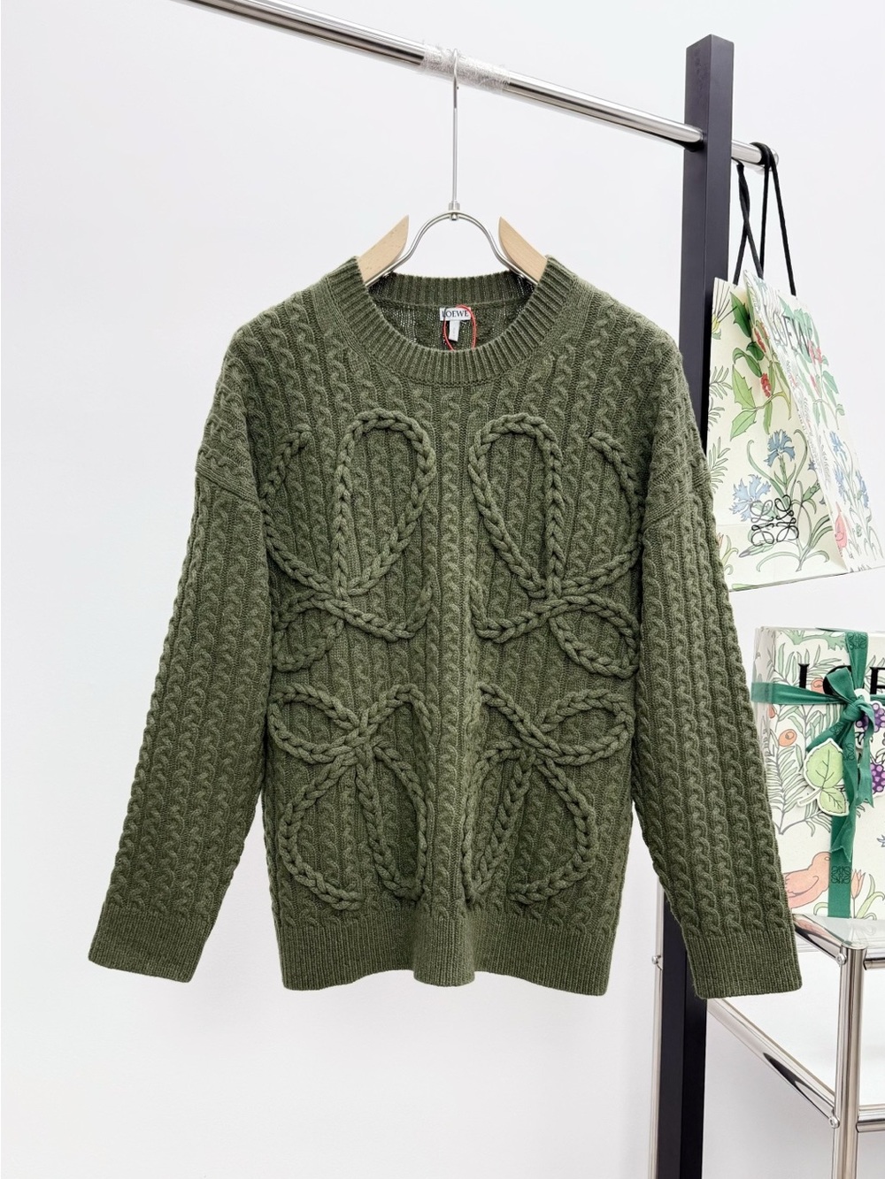Loewe Olive Green Braided Cable-Knit Sweater